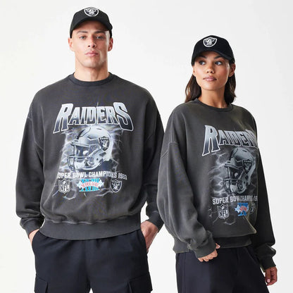 Las Vegas Raiders NFL Washed Boxy Dark Grey Oversized Crew Neck Sweater