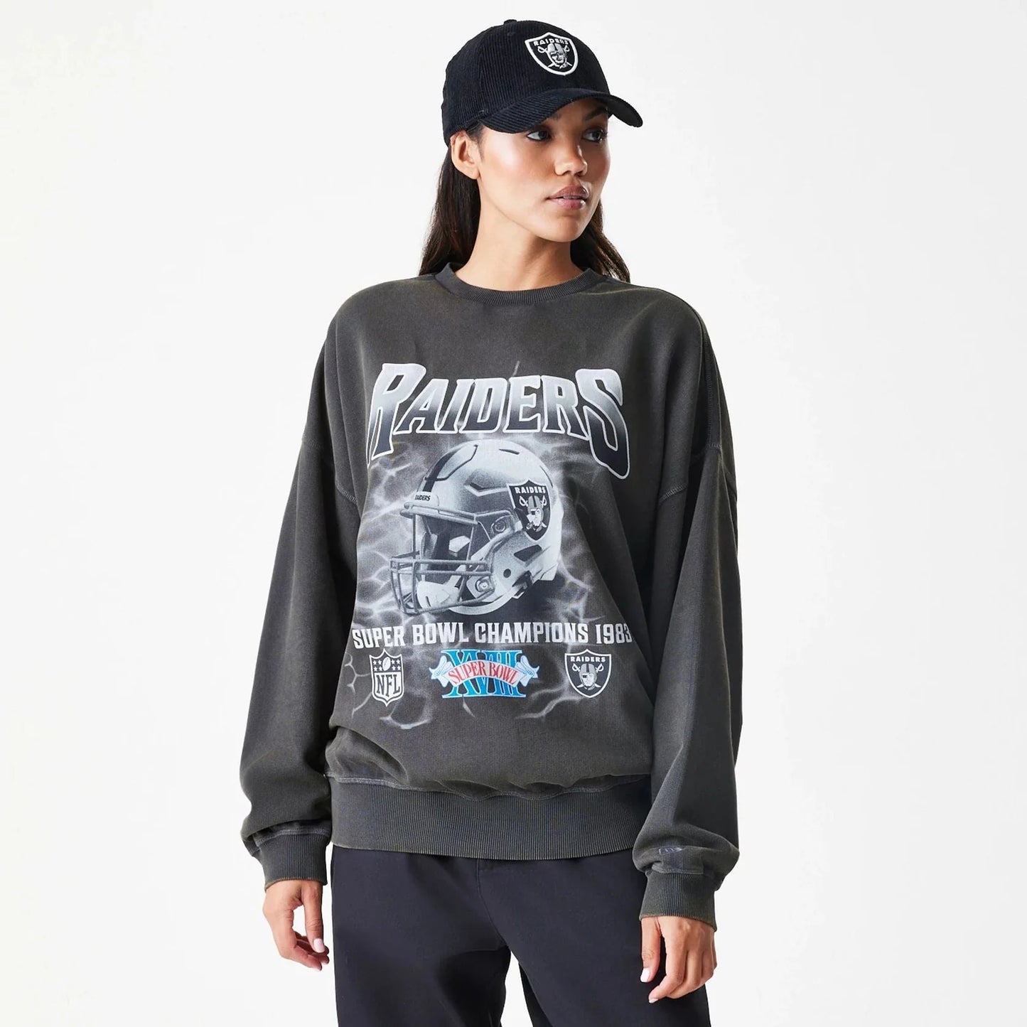 Las Vegas Raiders NFL Washed Boxy Dark Grey Oversized Crew Neck Sweater