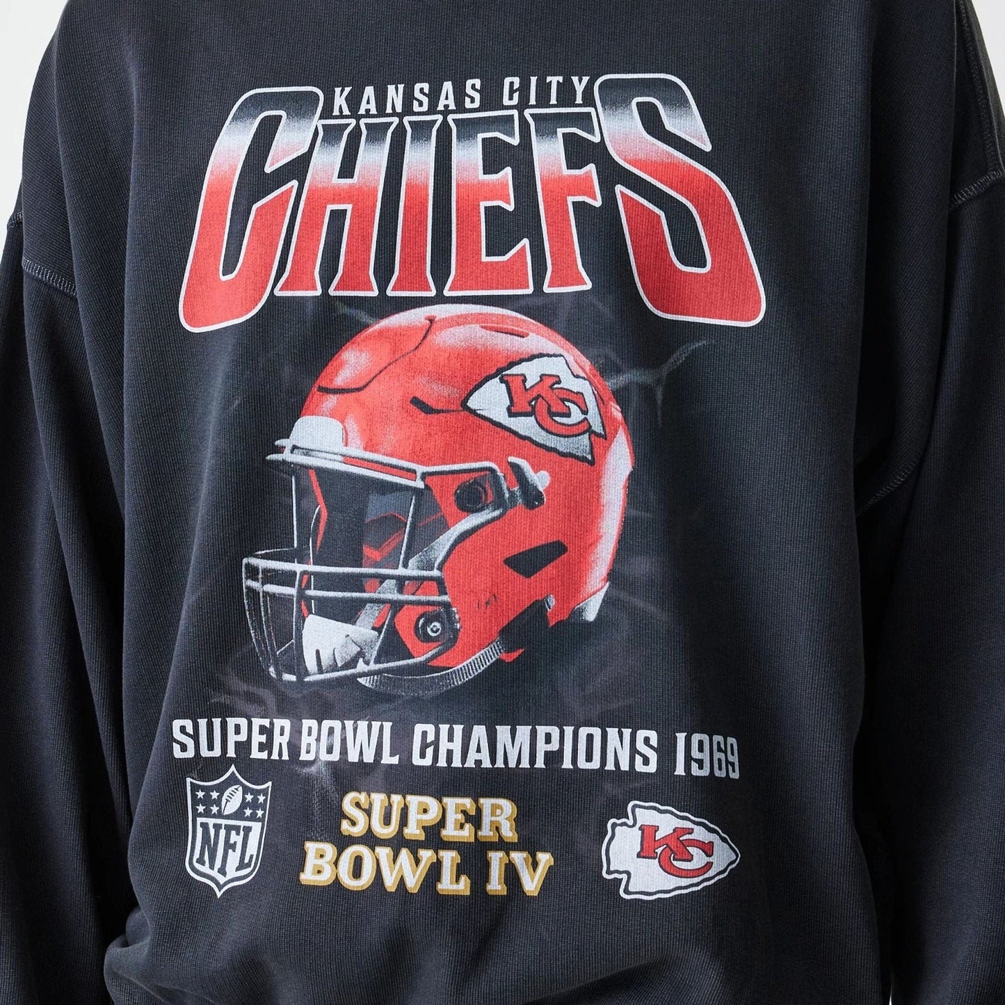 Kansas City Chiefs NFL Washed Boxy Black Oversized Crew Neck Sweater