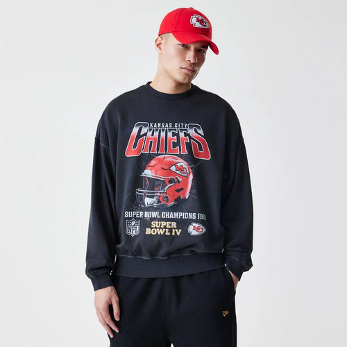 Kansas City Chiefs NFL Washed Boxy Black Oversized Crew Neck Sweater