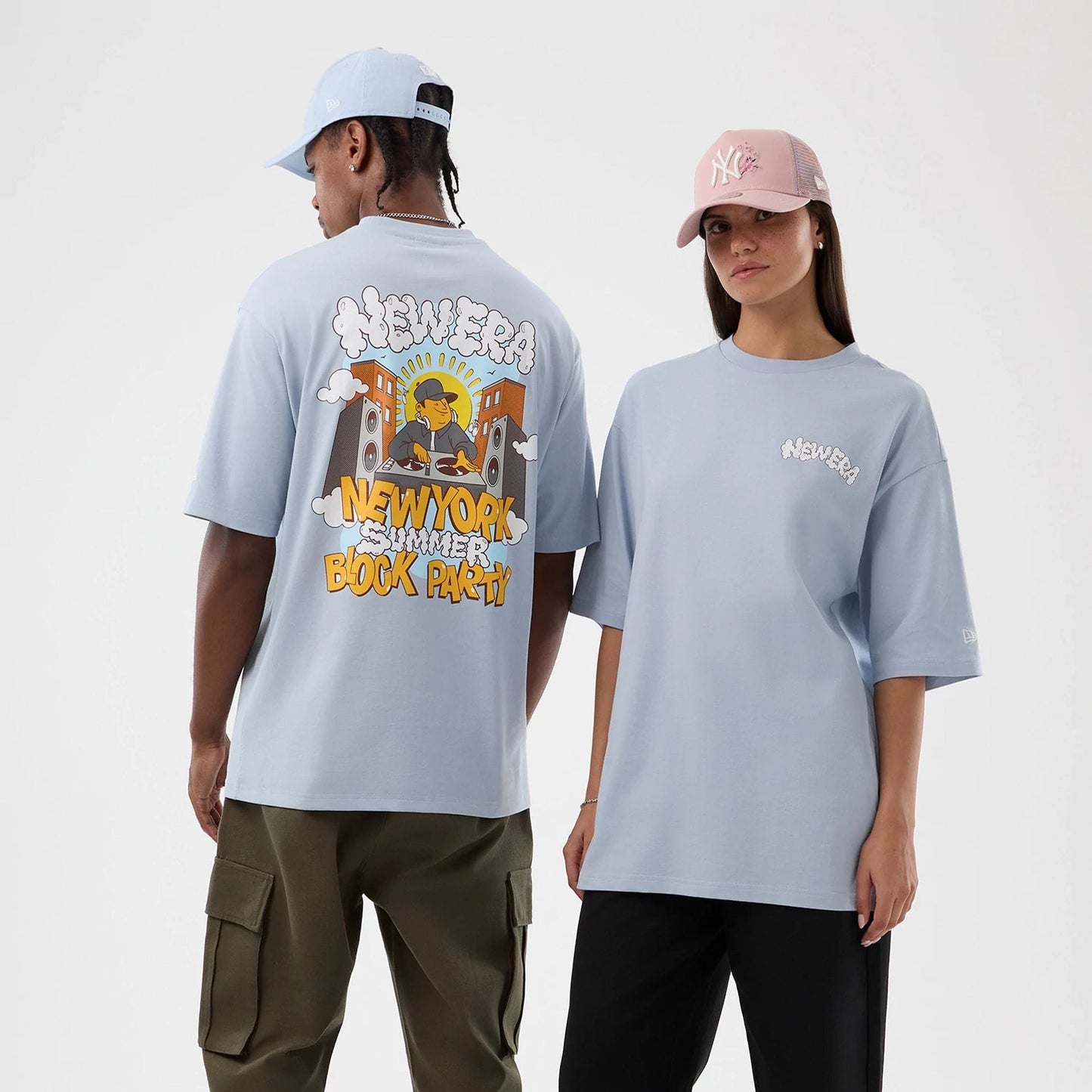 NEW ERA  Fun Block Party Graphic Pastel Blue Oversized T-Shirt