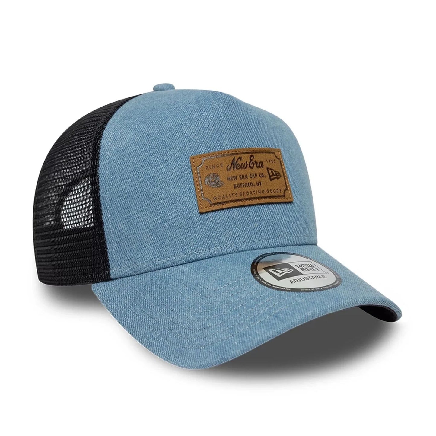 NEW ERA New Era Leather Patch Denim Navy 9FORTY A-Frame Trucker Adjustable Cap