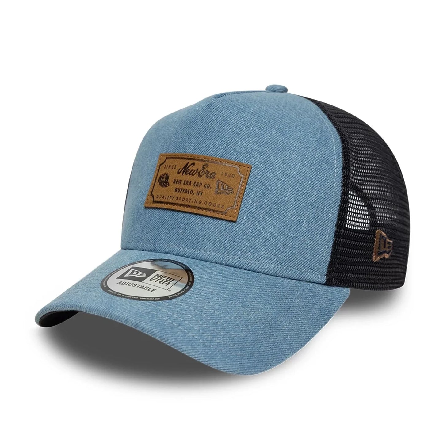 NEW ERA New Era Leather Patch Denim Navy 9FORTY A-Frame Trucker Adjustable Cap