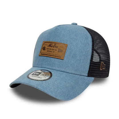 NEW ERA New Era Leather Patch Denim Navy 9FORTY A-Frame Trucker Adjustable Cap